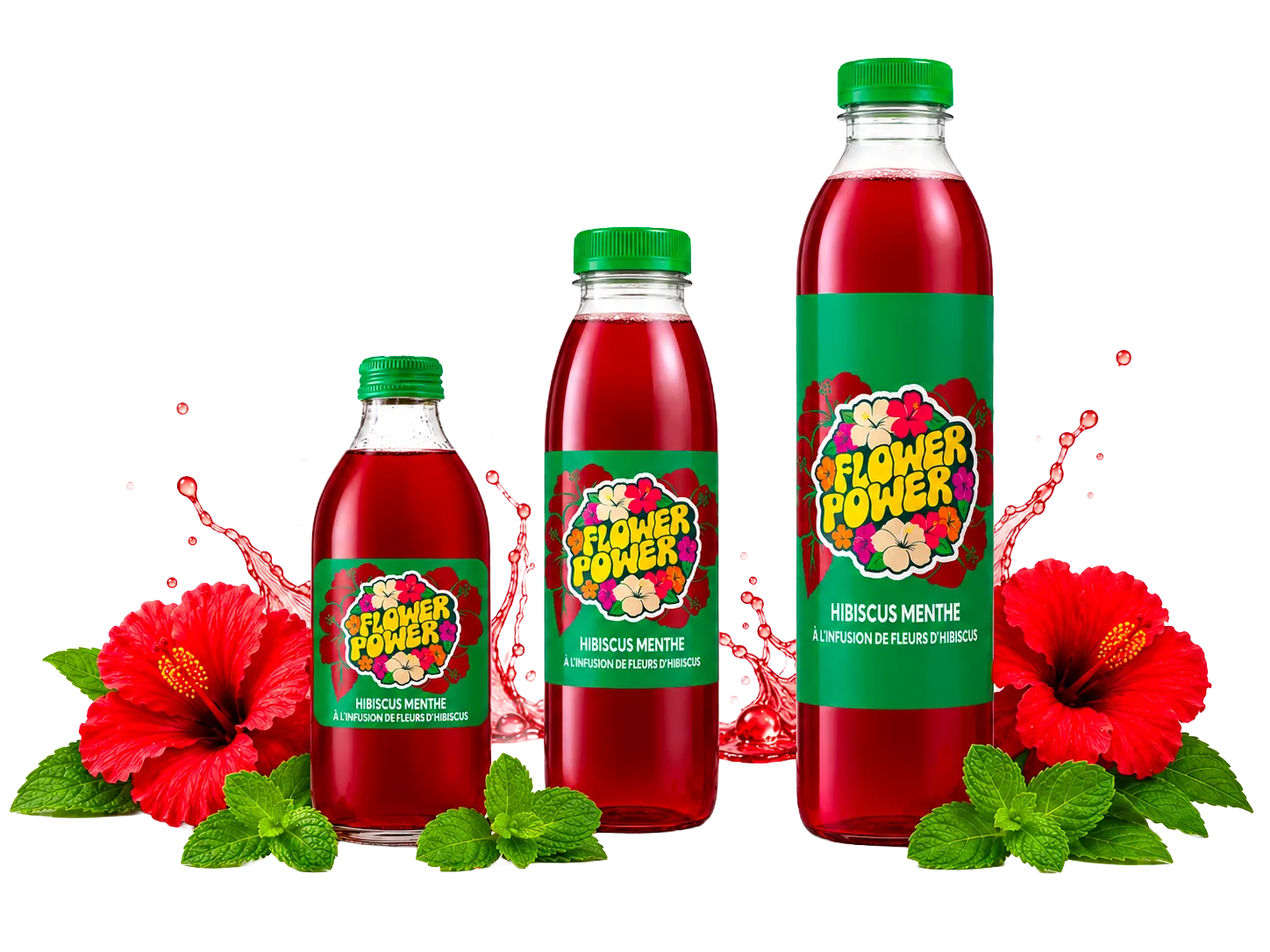 Bouteilles Hibiscus Menthe 33 cl, 50 cl et 1 L